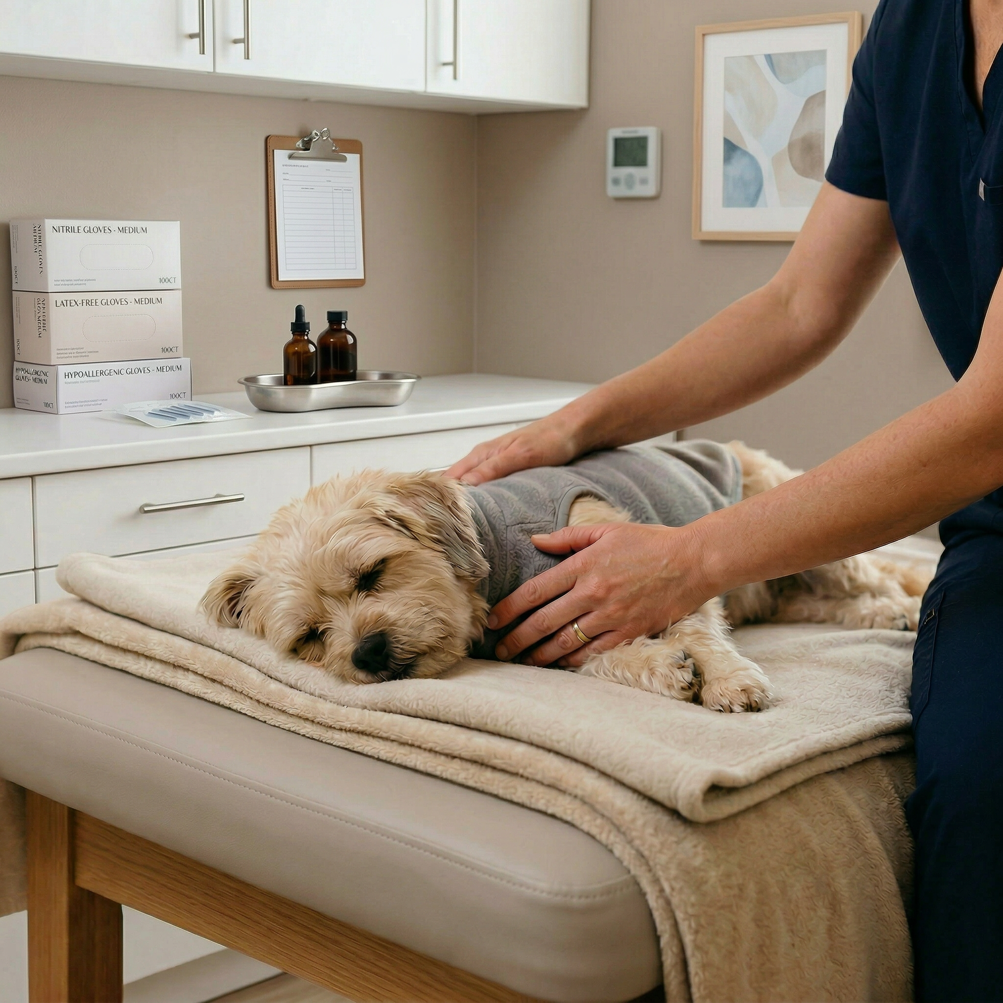 Everyone wears protective glasses for pet laser therapy.